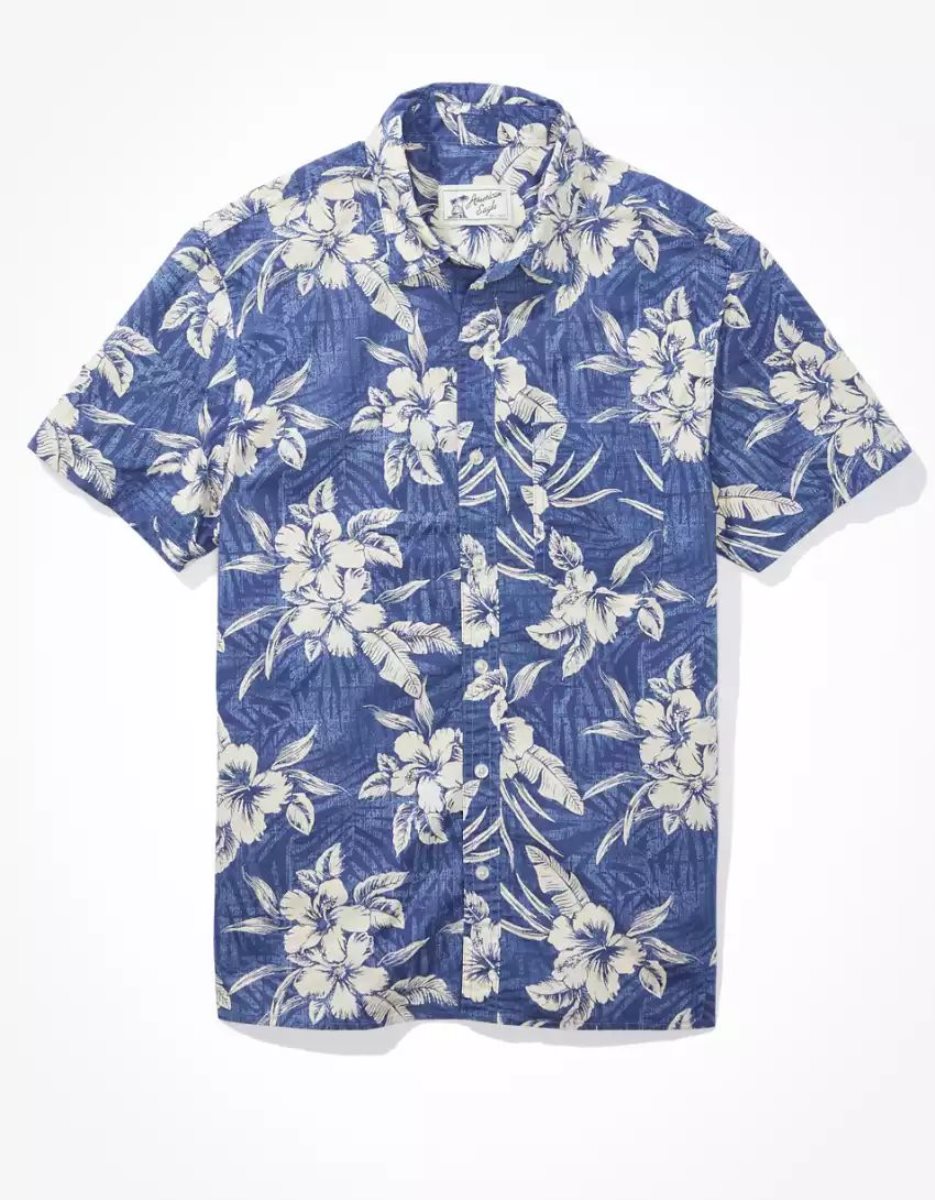 Hauts Flanelle American Eagle AE Tropical Button-Up Resort Shirt Bleu Homme | DOJ-02974093